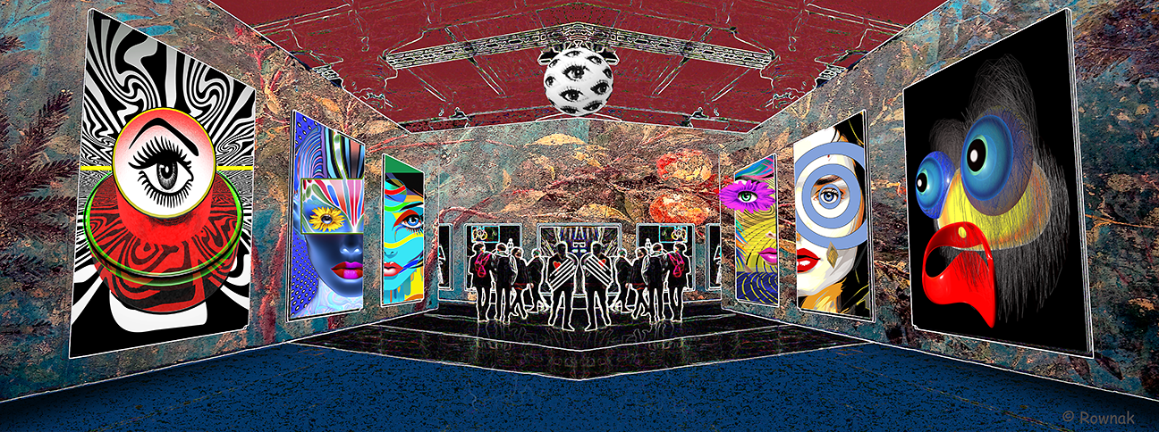 This image conveys a select number of original artworks in a surreal gallery image created by Digital artist  Richard Rownak